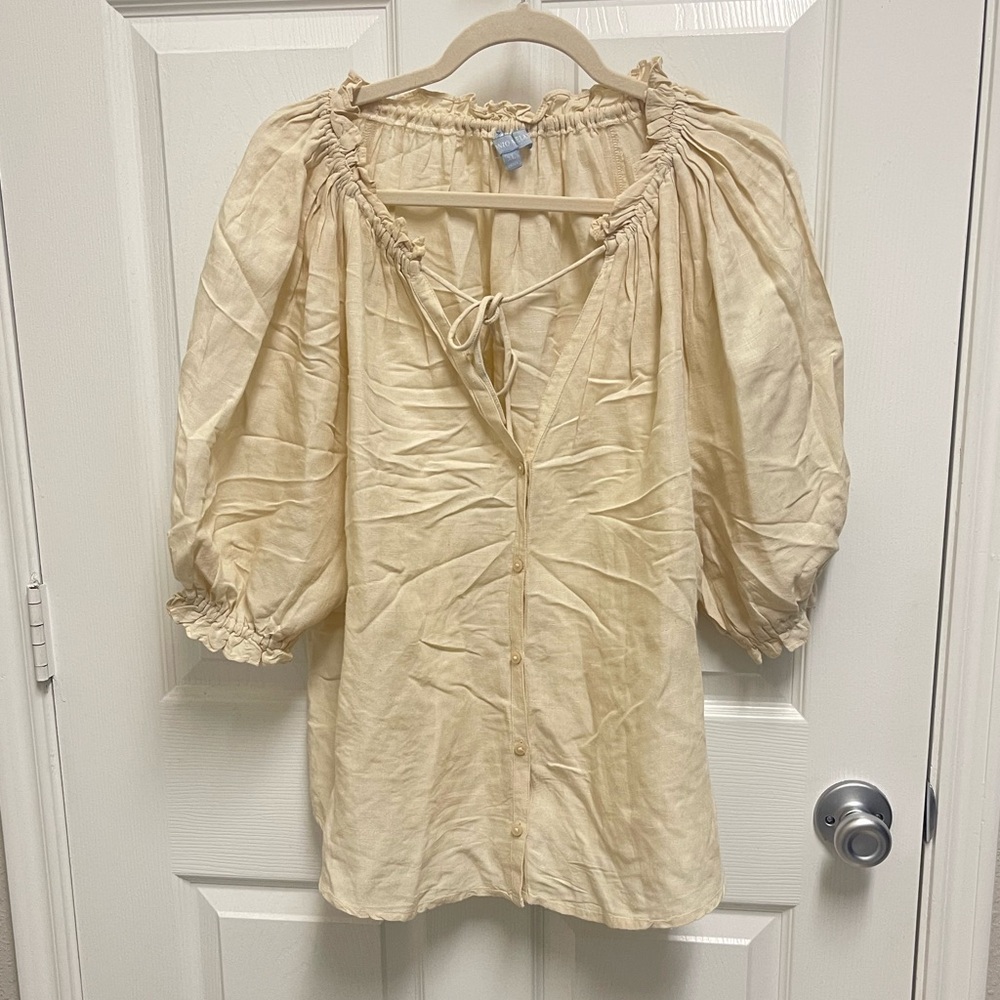 Antonio Melani Cream Split Neck Button Front Blou… - image 1